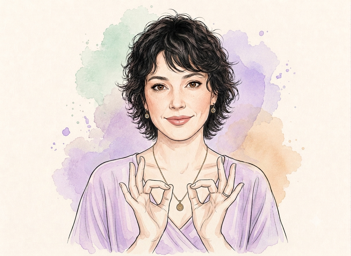 Aquarell-Porträt von Nina Rodenjohann mit den Händen im Chin-Mudra