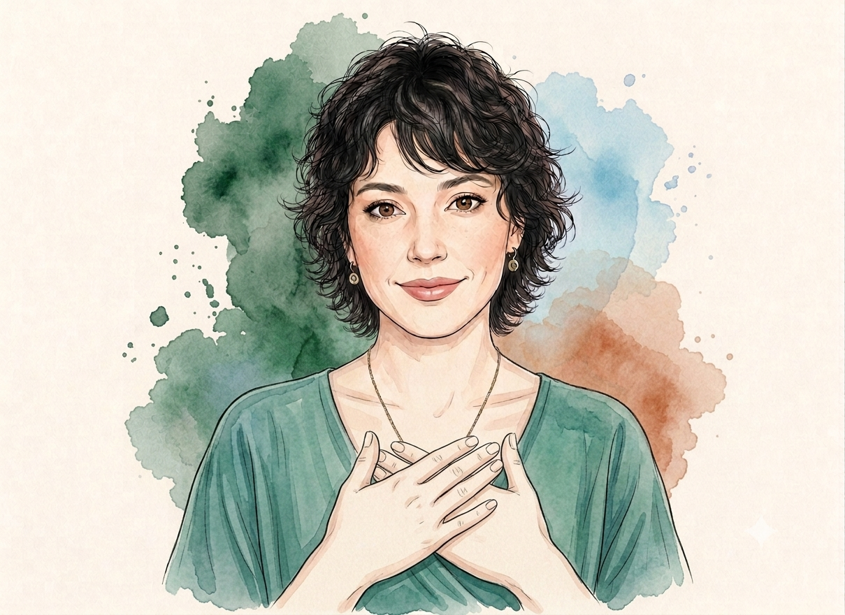 Aquarell-Porträt von Nina Rodenjohann mit den Händen auf dem Herzen