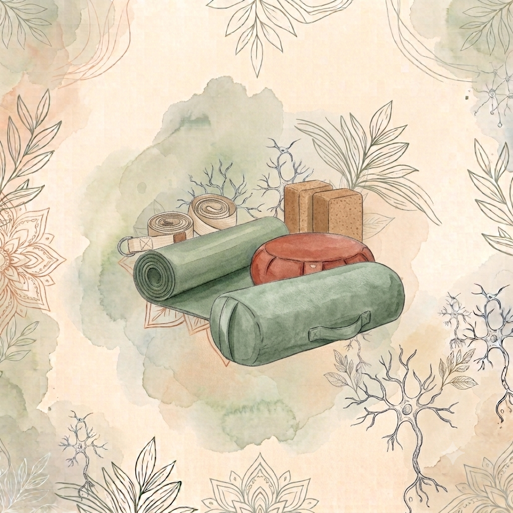 Aquarell-Illustration einer Yogamatte mit Bolstertasche, Korkblöcken und Gurten